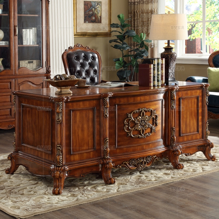 书桌欧式实木电脑桌美式复古描金办公桌老板大班台书桌