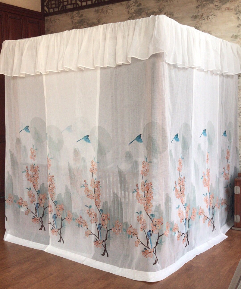新中式手绘床幔帐款蚊帐整体花鸟海棠花海棠水墨床幔
