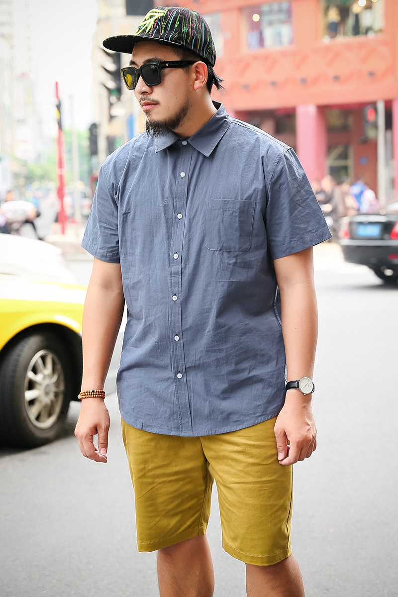 奢虎大码加肥加大男装纯色透气短袖衬衫宽松衬衫