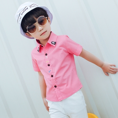 韩版夏装男童短袖中小幼童童装宝宝可爱上衣男孩衬衣粉色衬衫