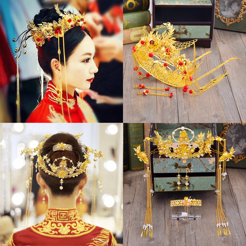 财新娘头饰2018新款秀禾服古装发饰套装中式复古宫廷凤冠礼服配火