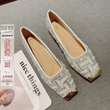 Fairy style high-end water diamond soft sole square toe bean shoes