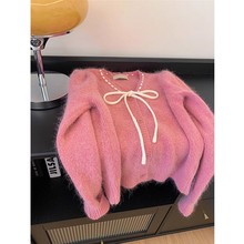 Pink V-neck Raccoon Fleece Bow Sweater Coat for Women's Spring and Autumn Luxury, Thickened Inner Layup with Bottom Knitted Cardigan