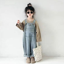 Long pants cotton denim suspender pants retro loose fitting children's clothing