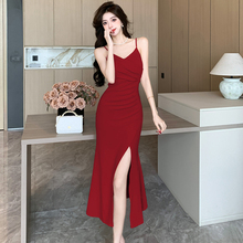 French red camisole dress with split fishtail skirt