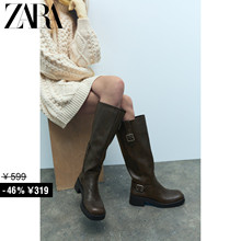 ZARA Special Selection Women's Shoes Brown Vintage Buckle Decoration Motorcycle Long Barrel Flat Bottom Boots 1004310 700