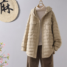 Korean version of nylon mid length hooded lightweight down jacket for women