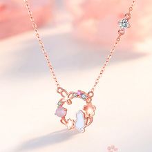 LLINKE Peach Blossom Cat Necklace S925 Sterling Silver Female