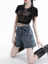 Short curly edge denim shorts for women's spicy hot pants