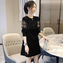 French style black dress, women's long sleeved elegant commuting dress