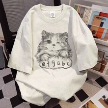 Heavyweight pure cotton niche design with cat print summer short sleeved T-shirt for women loose round neck trendy American top