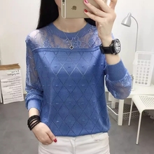 Round necked lace bottom sweater, ice silk t-shirt, long sleeved loose autumn outfit, new thin knit sweater, women's top, summer sweater