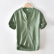 Chinese style standing collar pullover short sleeved cotton linen T-shirt