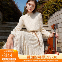 Xiangying lace dress women's 2020 autumn and winter wear new temperament lady half-high collar waist slimming inner skirt