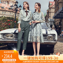 Xiangying chiffon dress women's 2020 summer and autumn new long-sleeved daisy skirt mid-length and thin green floral skirt