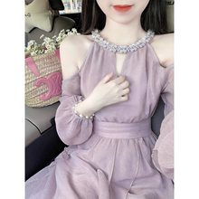 French Purple Hanging Neck Off Shoulder Dress for Women's High Grade Feeling