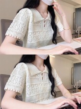 Hollow out doll neck short sleeved knitted sweater for women's summer t-shirt