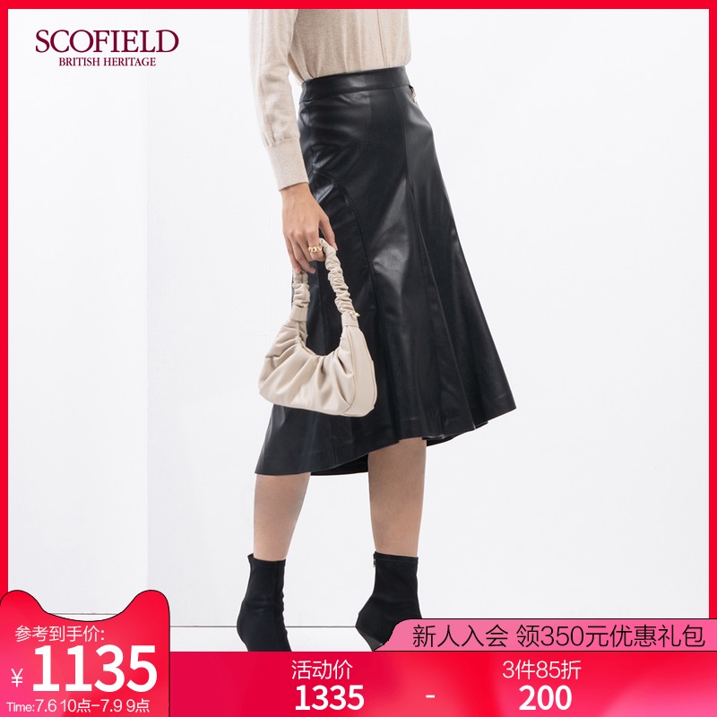 SCOFIELD WOMENs 2020 Spring new PLEATED design LEATHERETTE MID-LENGTH SKIRT SFWHA4910Q