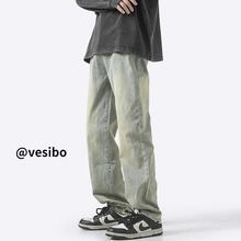 VESIBO Yellow Mud Dyed Loose Straight denim Pants for Men