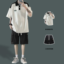 Trendy loose color polo shirt for men, summer student lapel, short sleeved T-shirt for men, paired with a handsome set