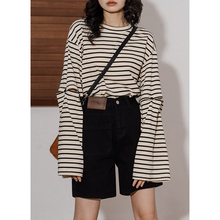 Long sleeved striped two piece T-shirt with hollowed out design