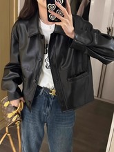 Black retro short PU leather jacket, popular women's leather jacket
