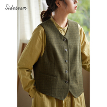 Japanese retro linen and cotton V-neck suit with edge stitching, women in vest