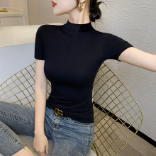 Spring/Summer Ice Silk Thread Cotton Half High Neck Short Sleeve T-shirt for Women