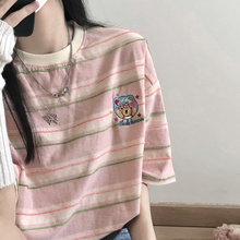 Pure cotton striped teddy bear embroidered cute front shoulder short sleeved T-shirt