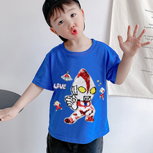 Boys' glitter Ultraman short sleeved t-shirt summer middle and large children's cartoon bead film Diga color changing pure cotton upper garment T