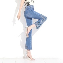 Chinese style high waisted embroidered flower micro horn jeans for women