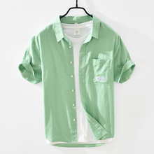 Men's casual cotton and linen shirt short sleeved square neck