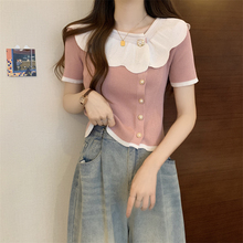 Pink short sleeved T-shirt women's summer cardigan waist small shirt