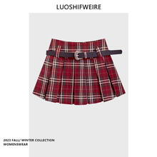 Short skirt A-line college style belt plaid skirt