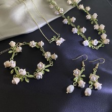 Vintage Super Immortal Forest White Bell Orchid Bracelet Friend Girl Earrings Necklace Set Adjustable Clavicle Chain