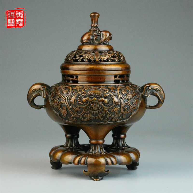 ポイント5倍 銅香炉 純銅九龍戯珠香薫炉 九転乾坤炉 置物 アンティーク