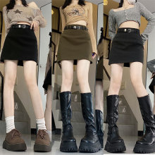 High waisted slimming A-line wrapped buttocks anti slip woolen short skirt