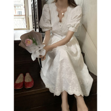 2024 New French Bubble Sleeves White Dress with Summer High Grade Feeling, Slimming Waist, Heavy Industry Fairy First Love Skirt