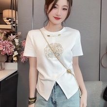 New Chinese style buckle embroidered short sleeved t-shirt for women in 2024, popular summer slim fit and slimming short top