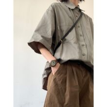 Japanese retro gray brown work suit short sleeved shirt fashion label