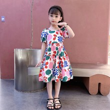 Girls' 2024 Summer New Princess Dress Short sleeved Mid size Children's Clothing Western Style Skirt Pure Cotton Printed Skirt