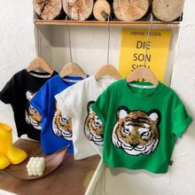 Children's short sleeved pure cotton sequin color changing 2022 new male and female baby tiger panda children versatile round neck t-shirt