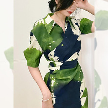 New Chinese style light national style green floral dress for women in summer