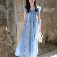 Free shipping insurance French style small flying sleeve blue dress