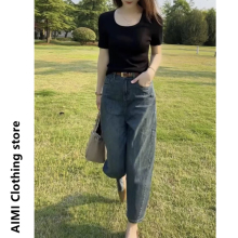 European pear shaped figure wearing denim curved banana pants for children's foreign trade summer new loose wide leg dad pants