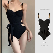 Black high-end fashion one-piece 2024 new swimsuit women's small chest steel support gathered to cover the belly, summer bikini hot spring