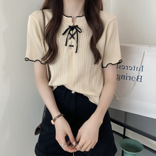 Summer Women's Net Red Lace up Wooden Ear Edge Knitted Small Shirt Short Sleeve T-shirt Design Sensibility Small Style Bottom Top Trendy