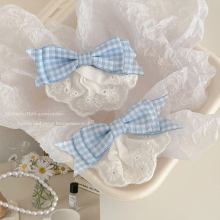 Fresh blue plaid hair clip, women's cloud lace edge clip