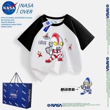NASA co branded children's round neck half sleeved Ultraman clothing for boys, color changing sequin top, pure cotton short sleeved t-shirt