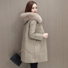 Haining fox fur collar genuine leather down jacket for women, medium length, plush and thick sheepskin leather jacket, fur coat, winter